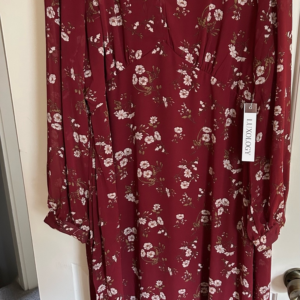 Luxology Burgundy Dress with White Floral Design